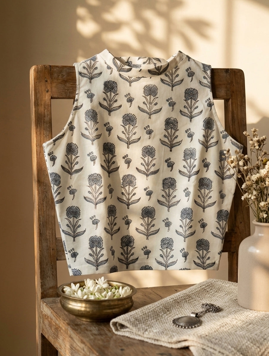 Grey White Guldasta Sanganeri Printed Highneck Stretchable Blouse/Crop Top