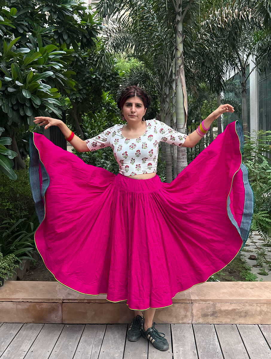 House of Tai Handcrafted Haryanvi Pink Dhaman - 32 Kali Heritage Flared Skirt