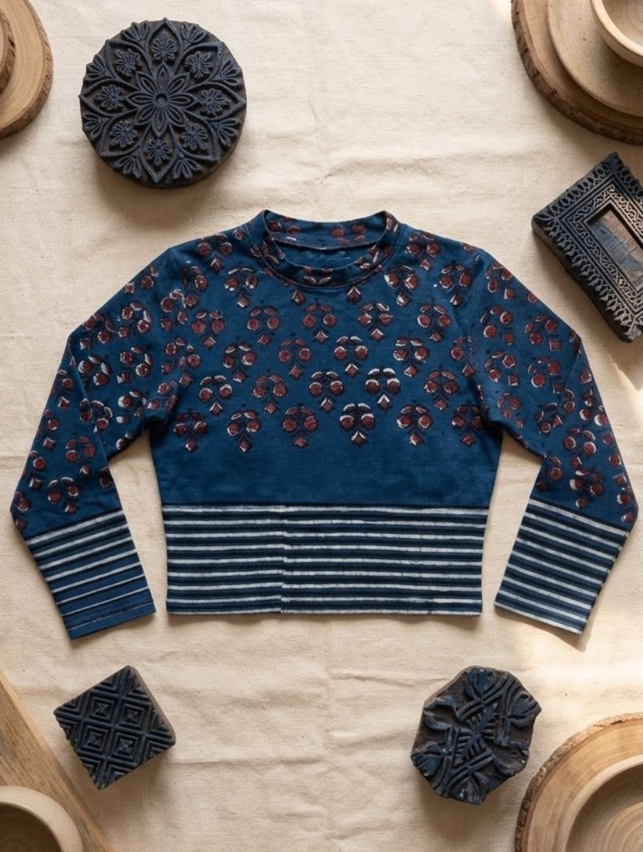 Indigo Boota Lined Dabu Printed Stretchable Highneck 3/4th Sleeves Blouse/Crop Top