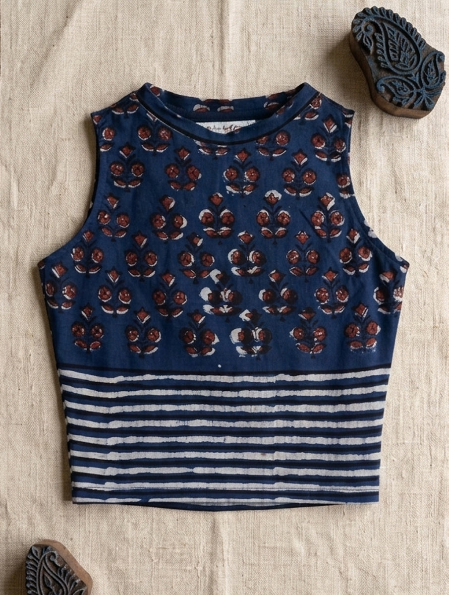 Indigo Boota Lined Dabu Printed Highneck Stretchable Blouse/Crop Top