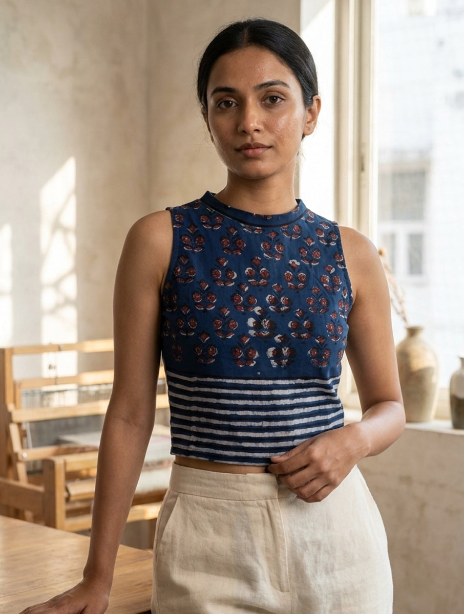 Indigo Boota Lined Dabu Printed Highneck Stretchable Blouse/Crop Top