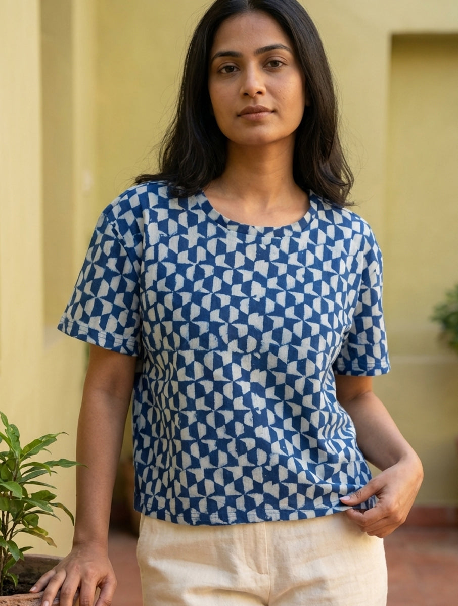 Indigo Tile Dabu Printed Crop Top T-Shirt