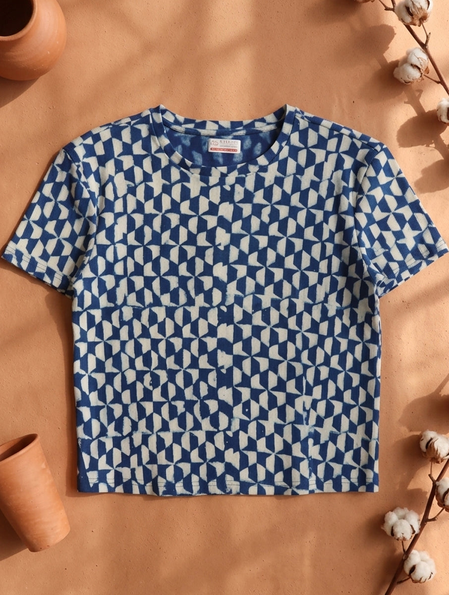 Indigo Tile Dabu Printed Crop Top T-Shirt