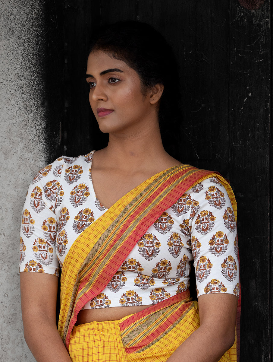 Mustard White Boota Sanganeri Stretchable Blouse/Crop Top