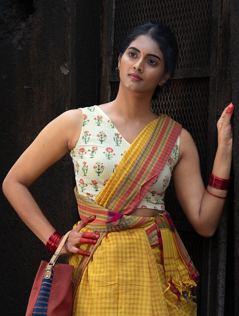 Yellow Striped and Boota Sanganeri Sleeveless Stretchable Blouse/Crop Top