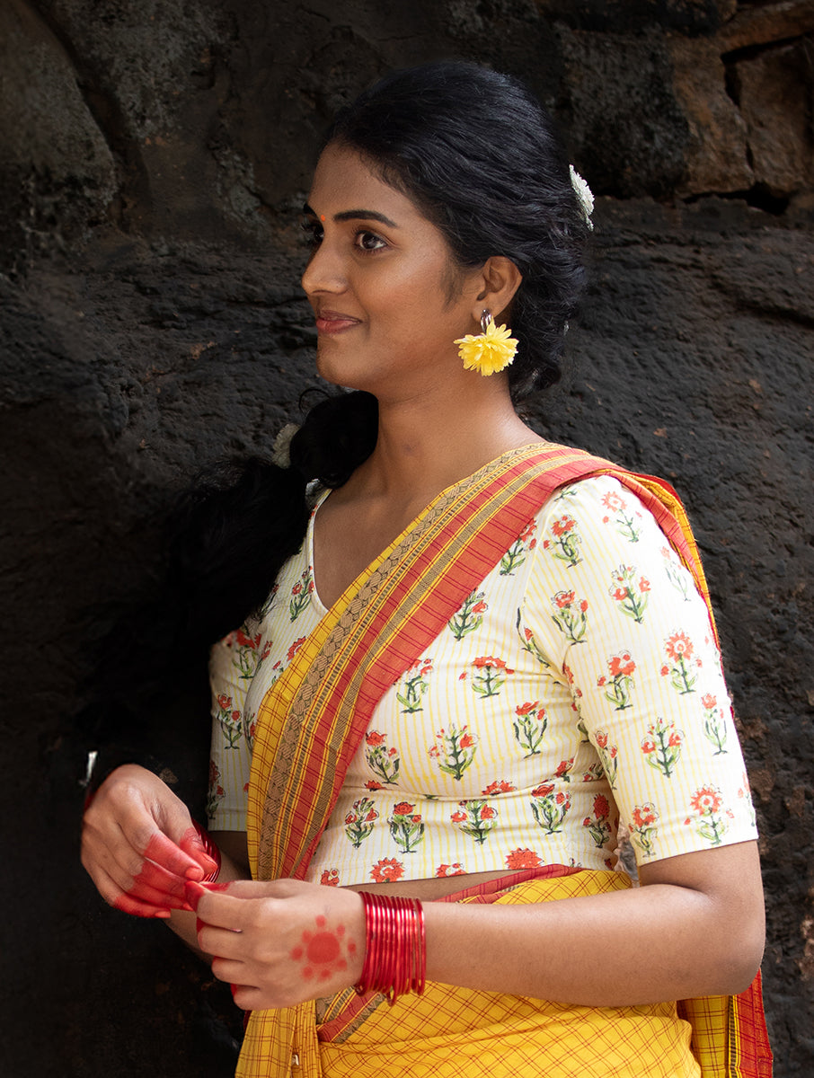 Yellow Striped and Boota Sanganeri Stretchable Blouse/Crop Top