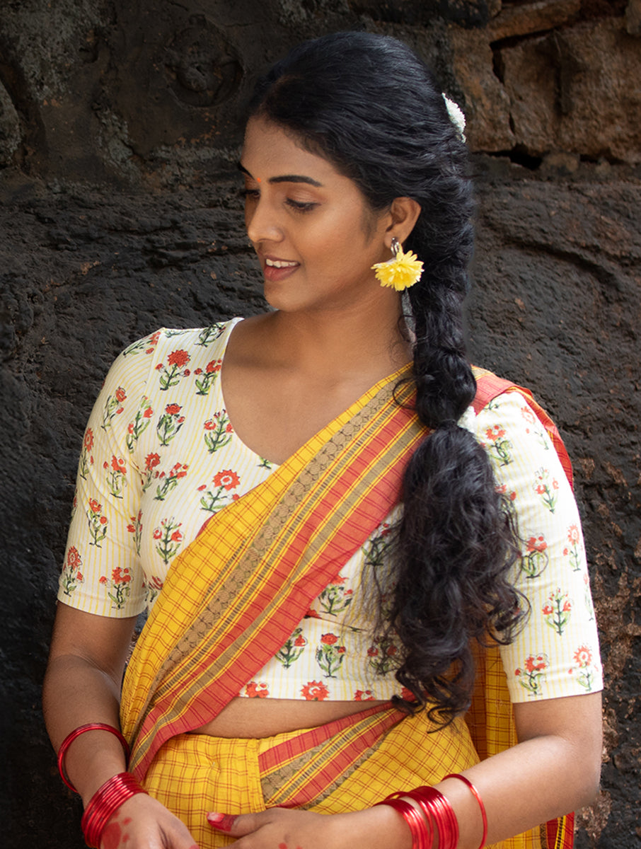 Yellow Striped and Boota Sanganeri Stretchable Blouse/Crop Top