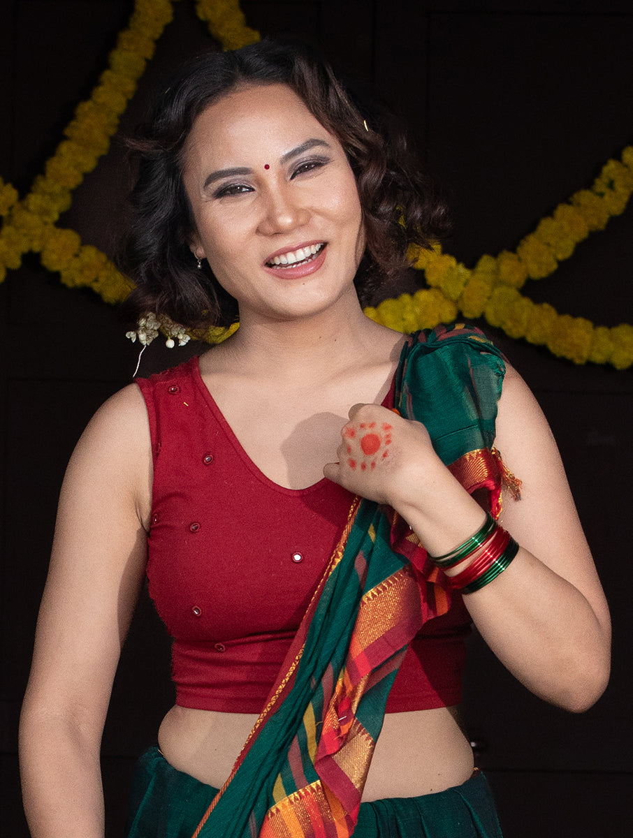 Maroon Mirror Hand Embroidered Stretchable Sleeveless Blouse/Crop Top