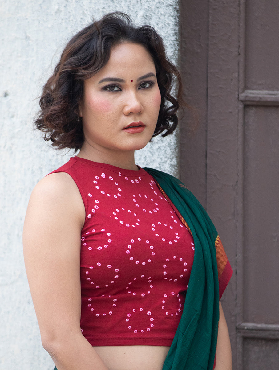 Maroon Chakri Bandhej Highneck Stretchable Blouse/Crop Top