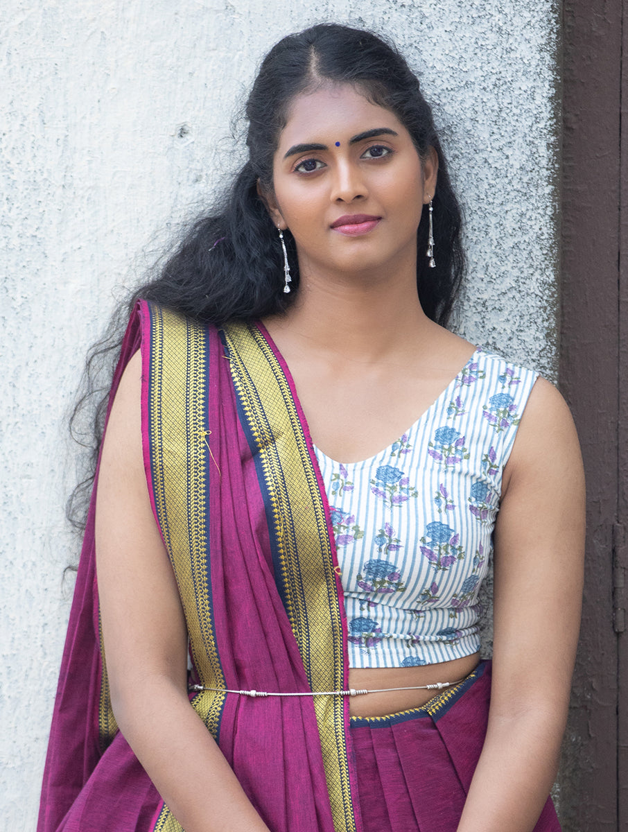 Purple Striped and Boota Sanganeri Sleeveless Stretchable Blouse/Crop Top