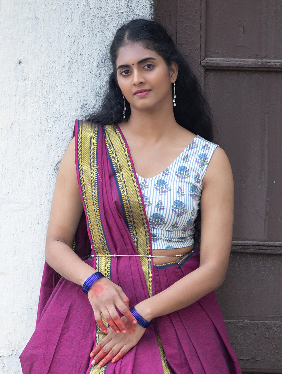 Purple Striped and Boota Sanganeri Sleeveless Stretchable Blouse/Crop Top