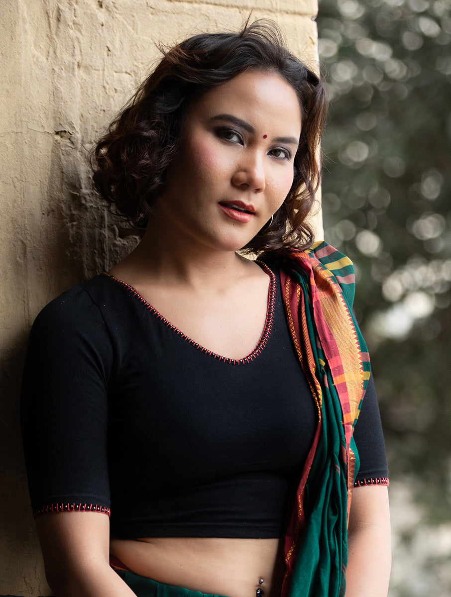 Black Hand Embroidered Stretchable Blouse/Crop Top in V-Neck
