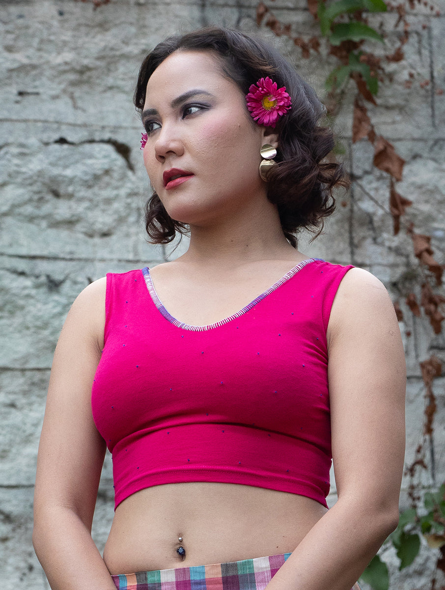 Pink Hand Embroidered Stretchable Sleeveless Blouse/Crop Top