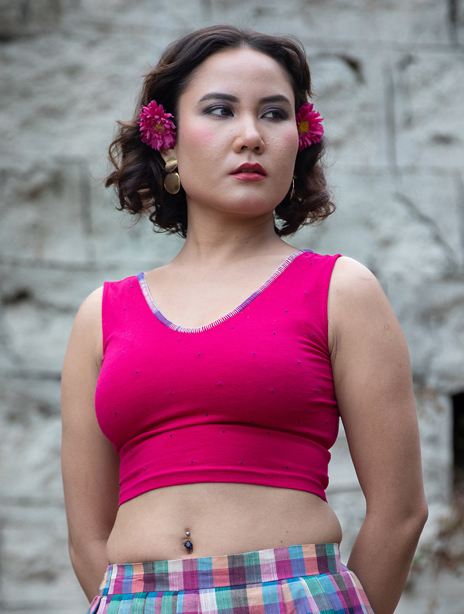 Pink Hand Embroidered Stretchable Sleeveless Blouse/Crop Top