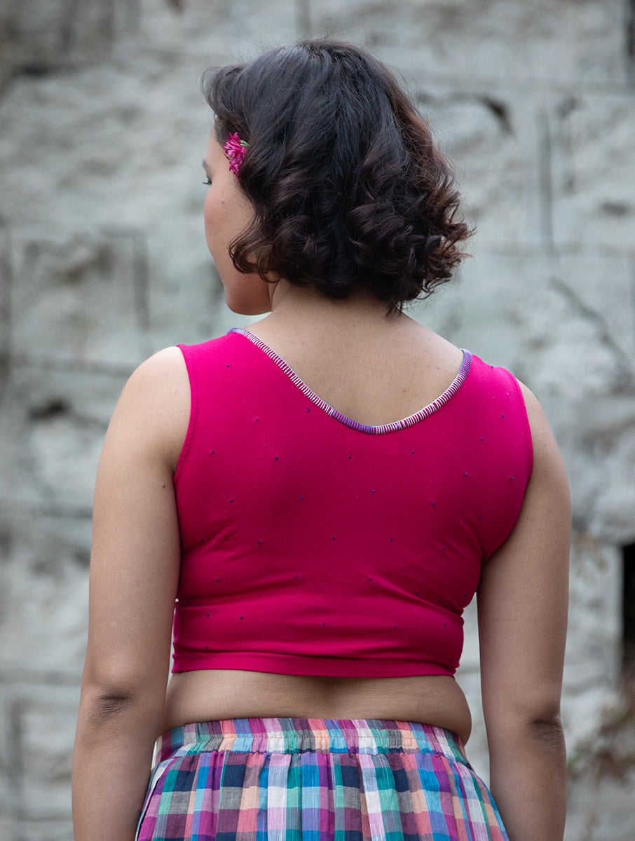 Pink Hand Embroidered Stretchable Sleeveless Blouse/Crop Top