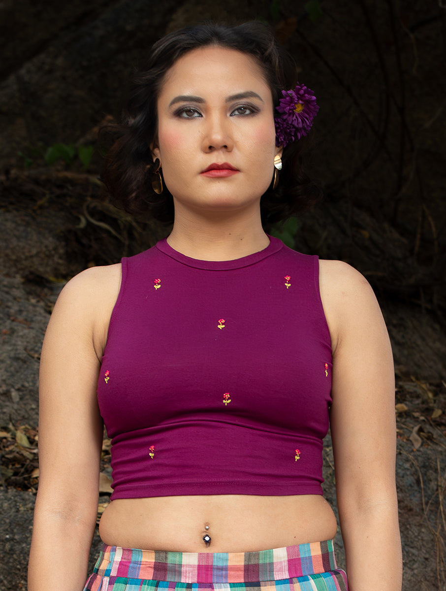 Purple Emboridery HighNeck Stretchable Blouse/Crop Top