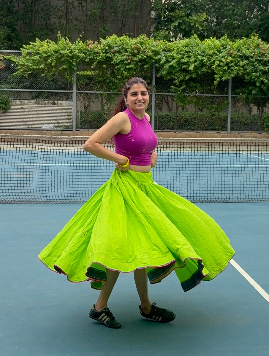 House of Tai Handcrafted Haryanvi Neon Green Dhaman - 32 Kali Heritage Flared Skirt