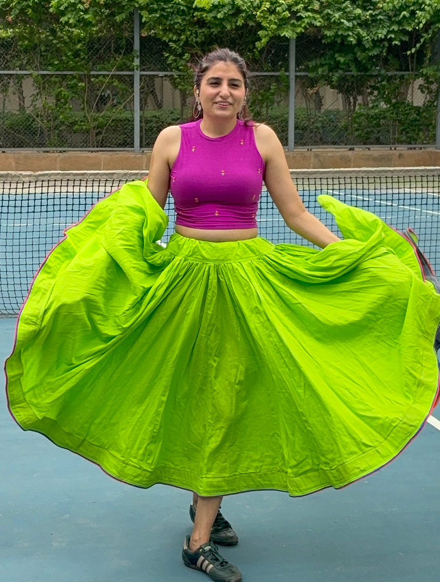 House of Tai Handcrafted Haryanvi Neon Green Dhaman - 32 Kali Heritage Flared Skirt