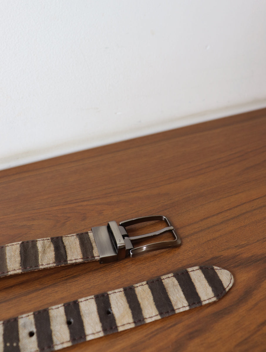 Brown Striped Dabu Printed and Vegan Leather Cork Reversible Belt