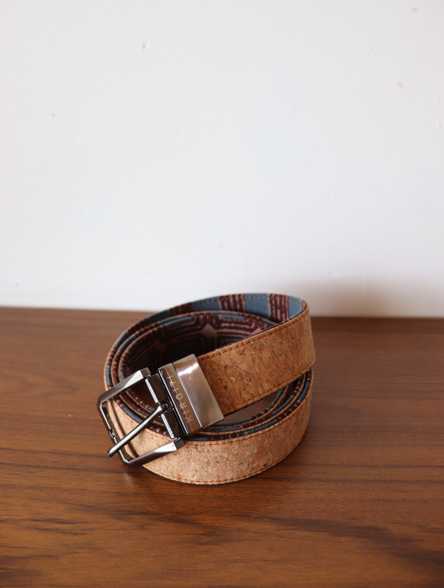Wine Box Dabu Print & Cork Leather Reversible Belt