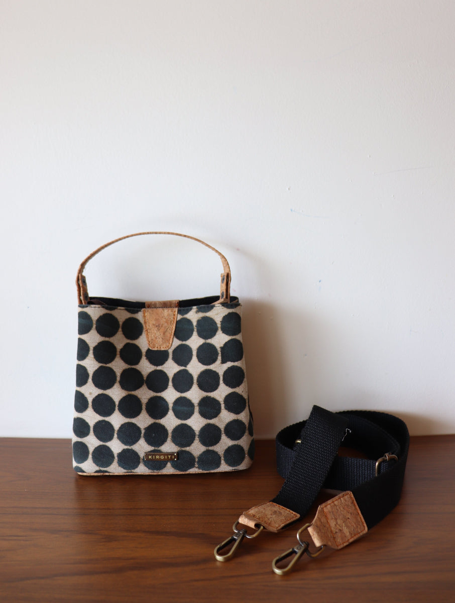 Black Polka Dabu Printed And Cork Sling Bag with Handle