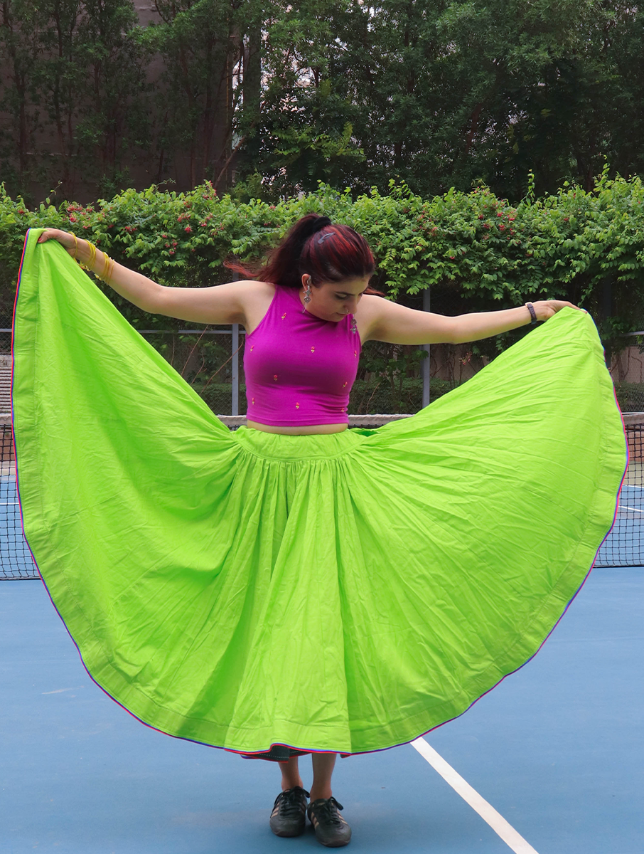 House of Tai Handcrafted Haryanvi Neon Green Dhaman - 32 Kali Heritage Flared Skirt