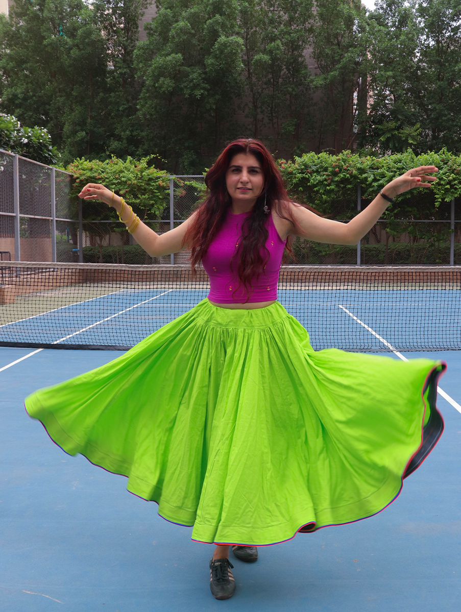 House of Tai Handcrafted Haryanvi Neon Green Dhaman - 32 Kali Heritage Flared Skirt