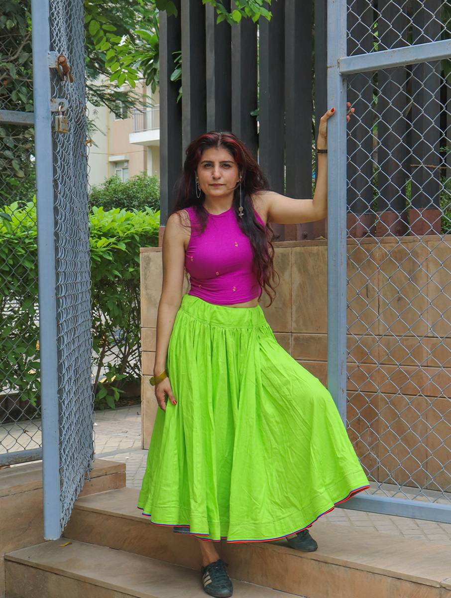 House of Tai Handcrafted Haryanvi Neon Green Dhaman - 32 Kali Heritage Flared Skirt