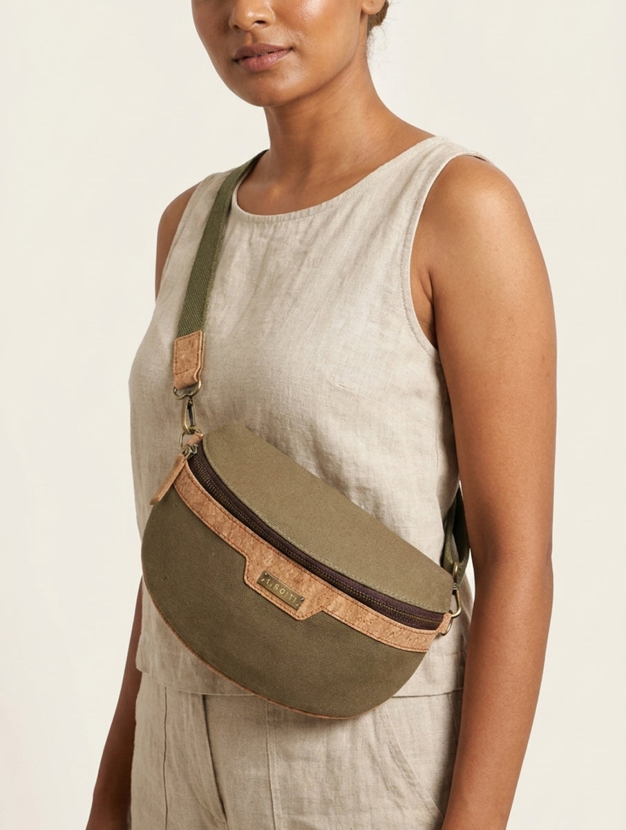 Khaki Dabu Printed And Vegan Leather Cross Body Cum Waist Bag