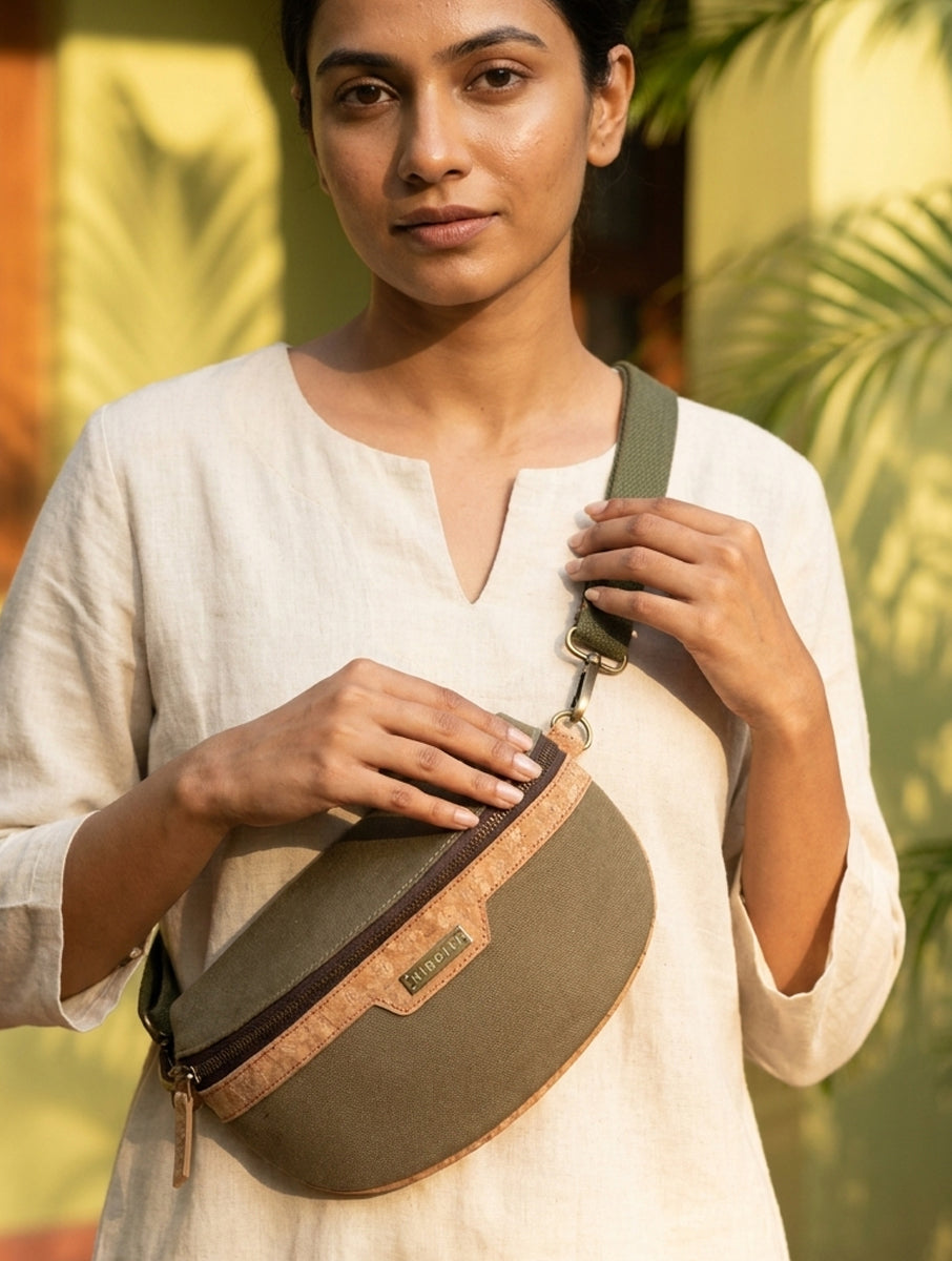 Khaki Dabu Printed And Vegan Leather Cross Body Cum Waist Bag