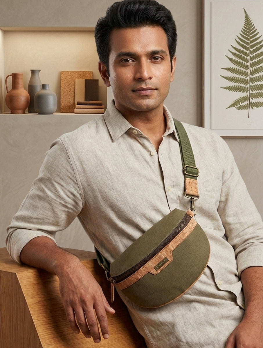 Khaki Dabu Printed And Vegan Leather Cross Body Cum Waist Bag