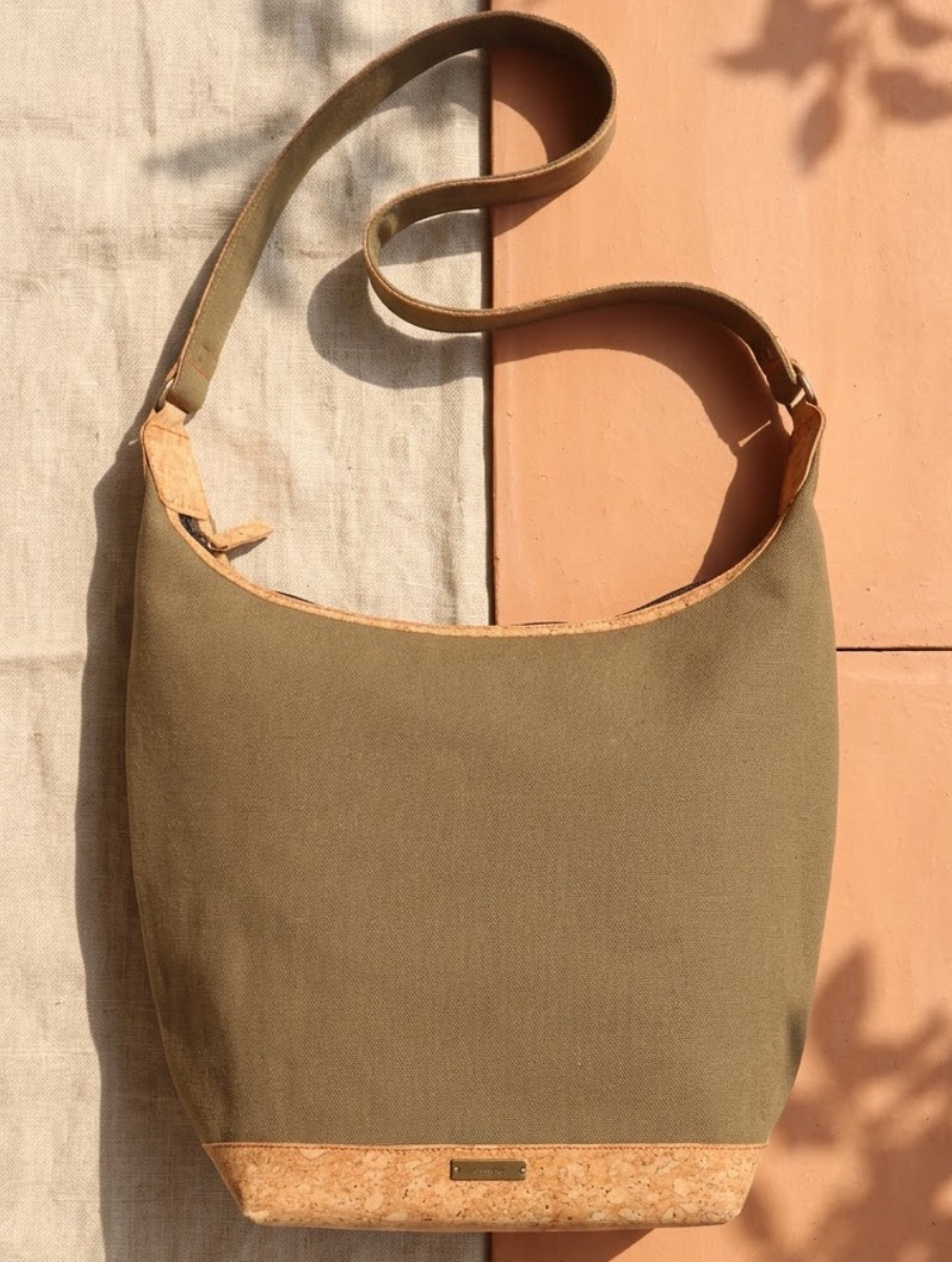 Khaki Dabu Printed And Vegan Leather Cork Basket Tote Bag