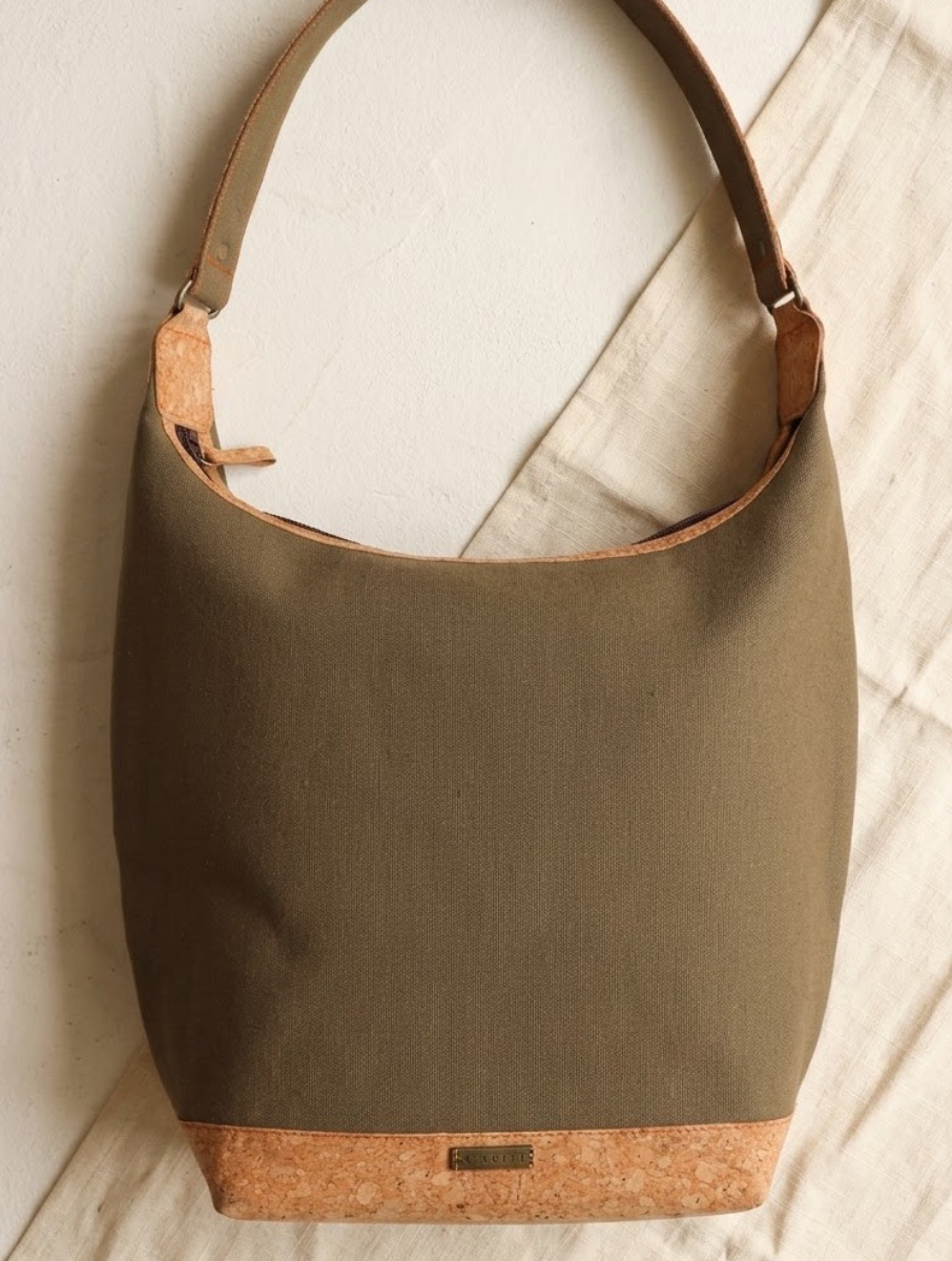Khaki Dabu Printed And Vegan Leather Cork Basket Tote Bag