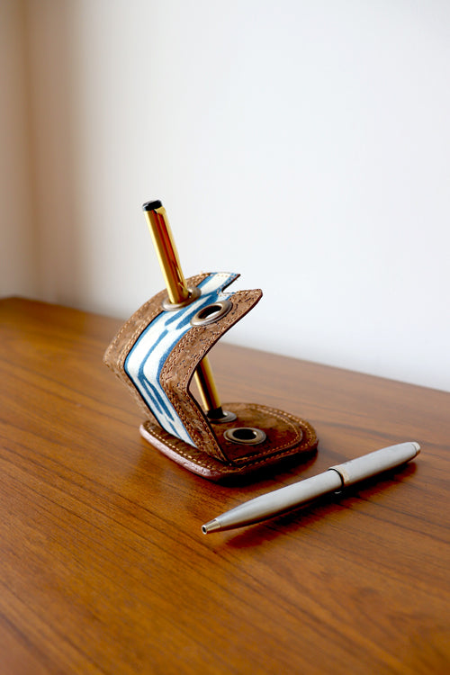 Vegan Leather & Indigo Fork Dabu Print Pen Holder