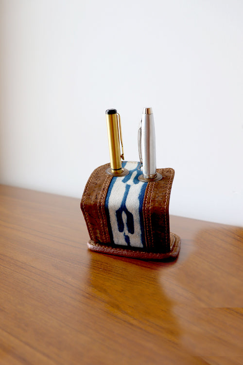 Vegan Leather & Indigo Fork Dabu Print Pen Holder