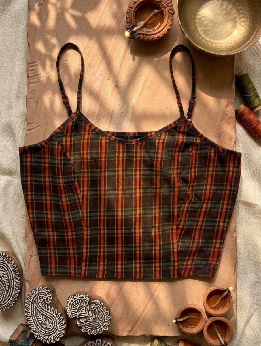Maroon Checks Dabu Printed Stretchable Spaghetti Blouse/Crop Top