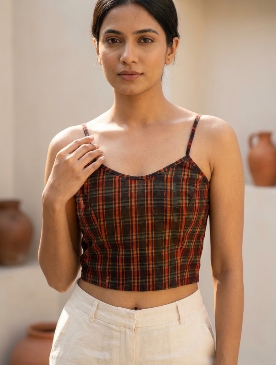 Maroon Checks Dabu Printed Stretchable Spaghetti Blouse/Crop Top