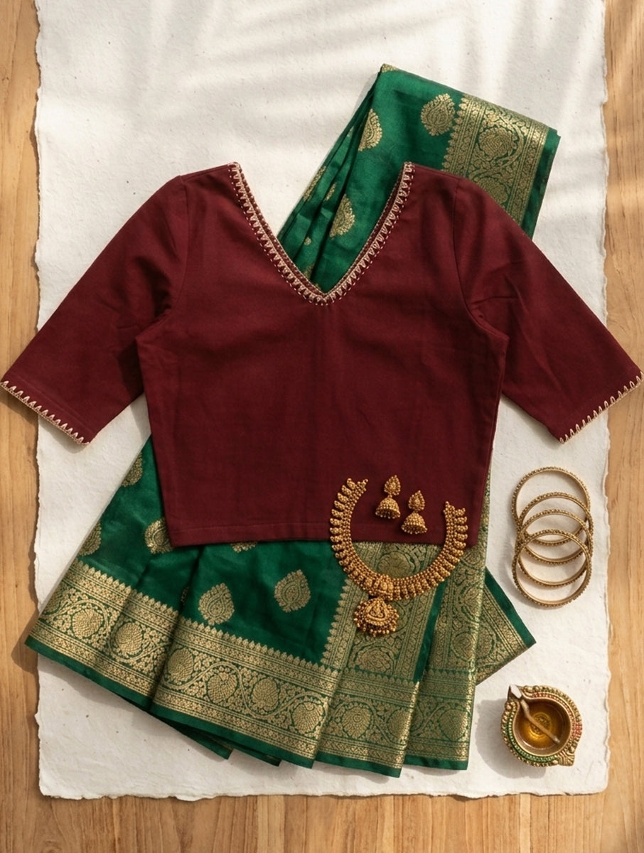 Beaded Vine Edge Stitch Maroon Hand Embroidered Stretchable Blouse/Crop Top