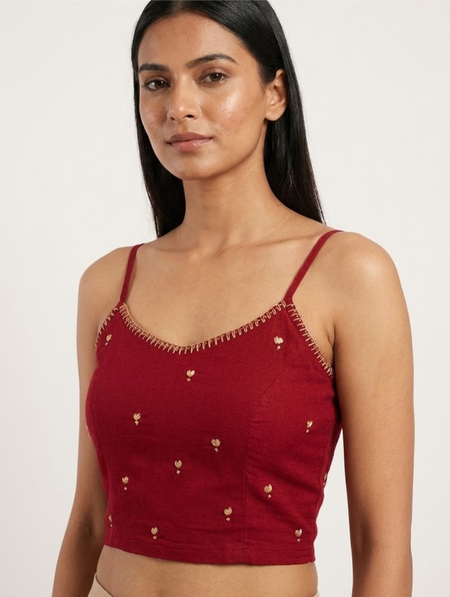 Maroon Hand Embroidered Stretchable Spaghetti Blouse/Crop Top