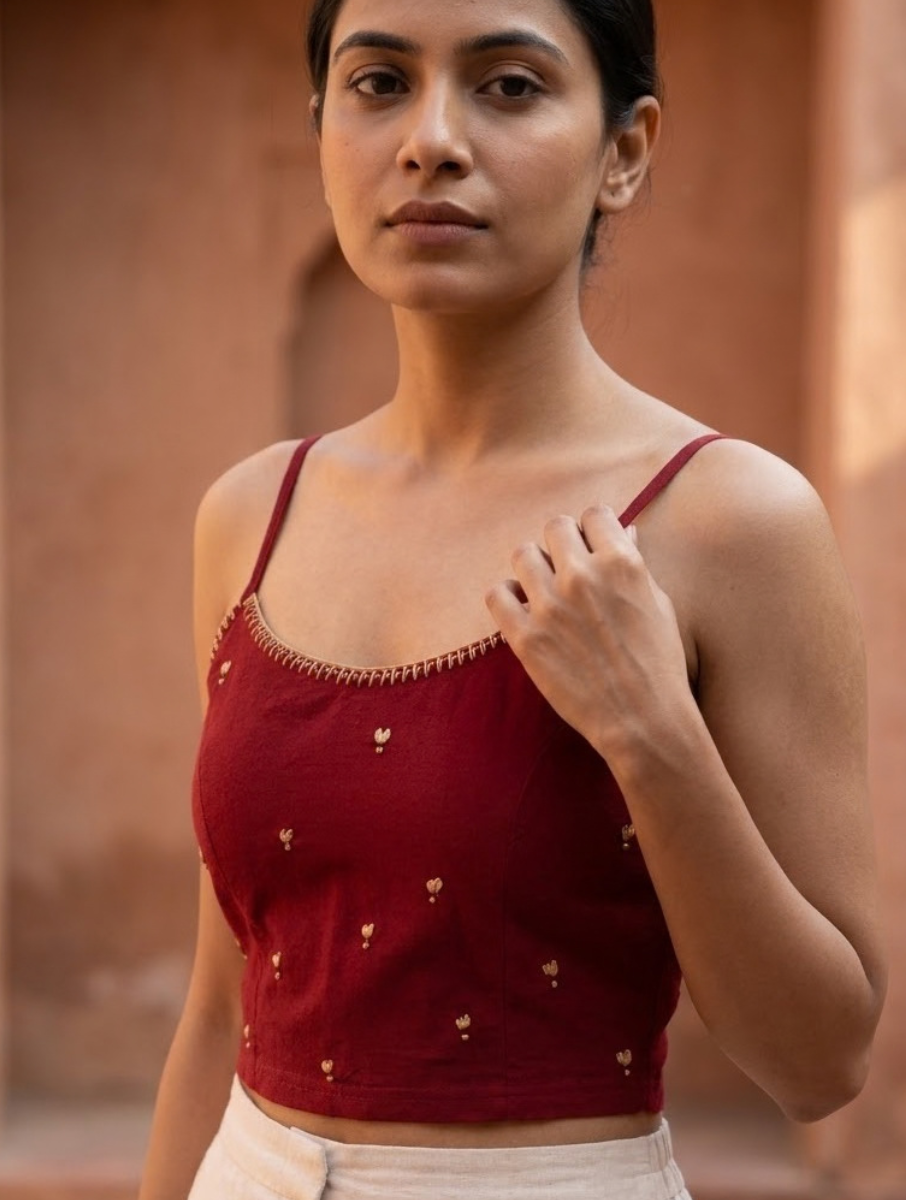 Maroon Hand Embroidered Stretchable Spaghetti Blouse/Crop Top