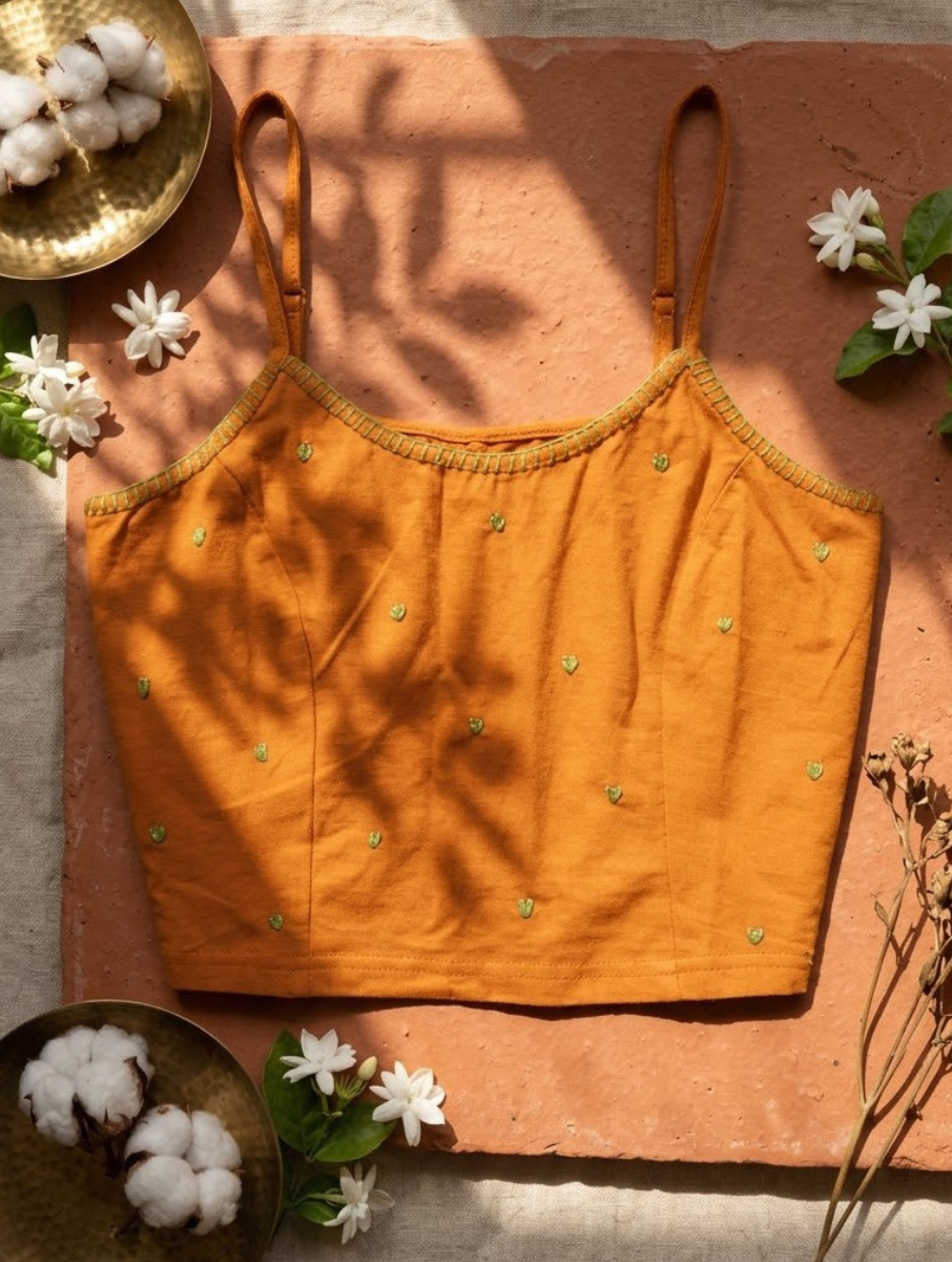 Mustard Hand Embroidered Stretchable Spaghetti Blouse/Crop Top