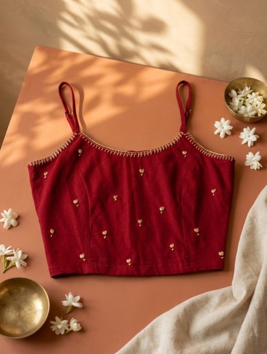 Maroon Hand Embroidered Stretchable Spaghetti Blouse/Crop Top