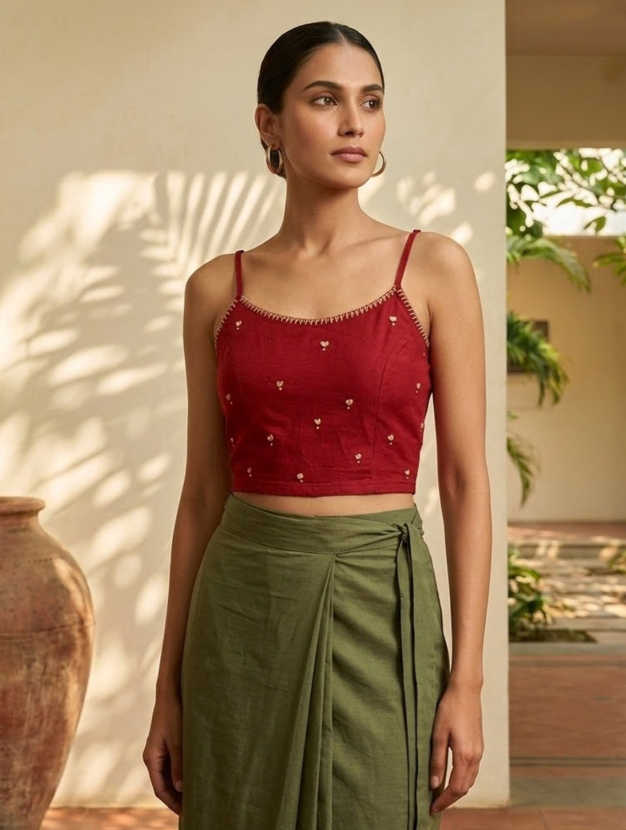 Maroon Hand Embroidered Stretchable Spaghetti Blouse/Crop Top