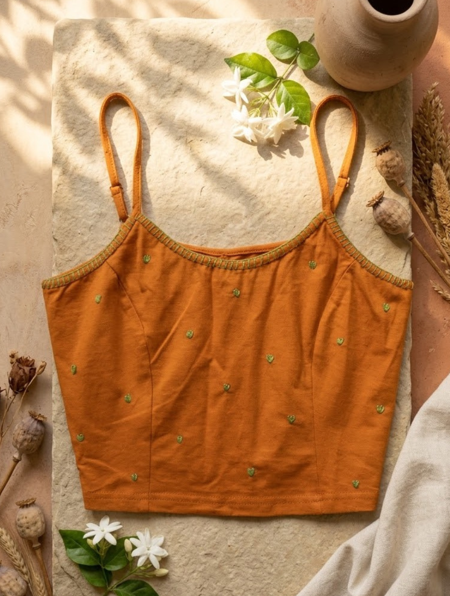 Mustard Hand Embroidered Stretchable Spaghetti Blouse/Crop Top