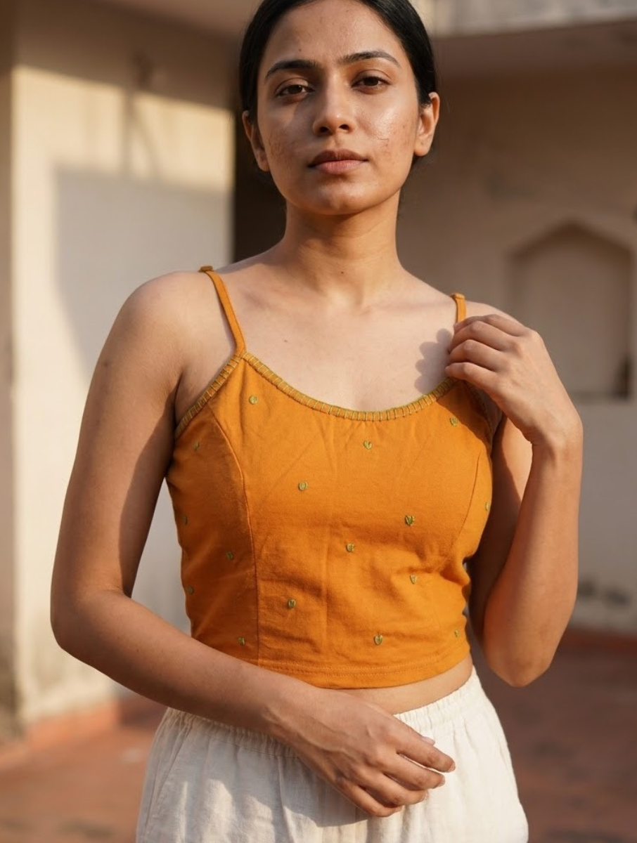 Mustard Hand Embroidered Stretchable Spaghetti Blouse/Crop Top