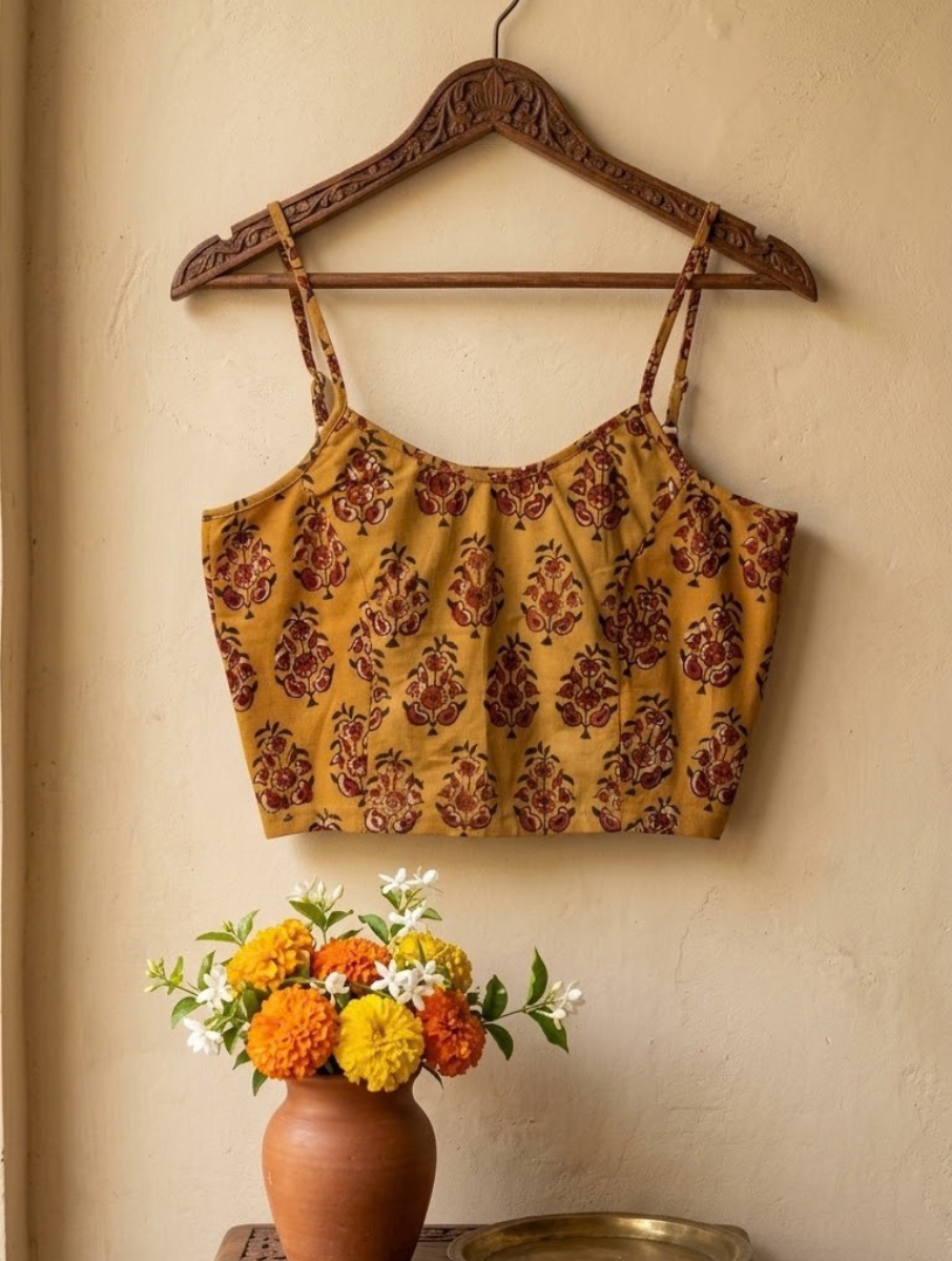 Mustard Guldasta Dabu Printed Stretchable Spaghetti Blouse/Crop Top
