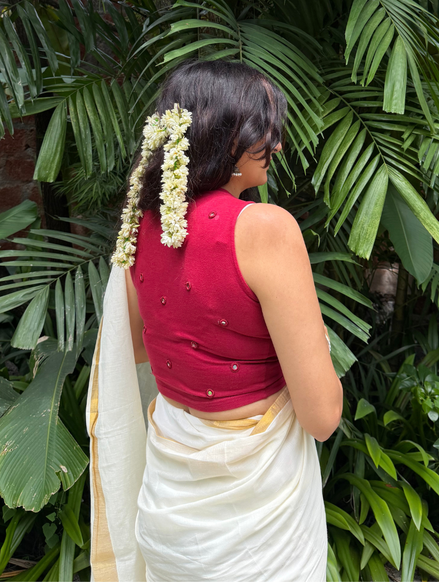 Maroon Mirror Hand Embroidered Stretchable Highneck Blouse/Crop Top