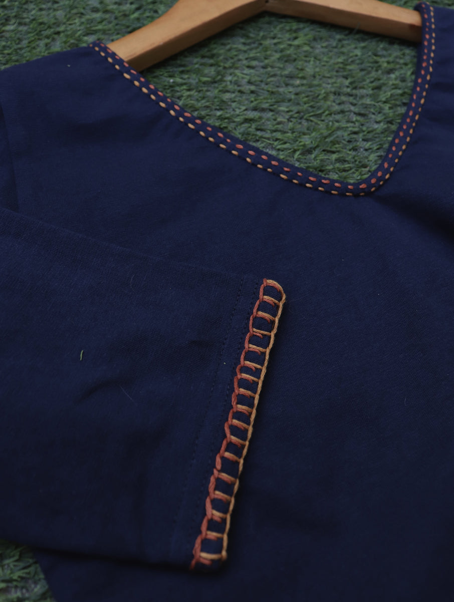 Double Blanket Stitch And Chawal Taanka Navy Blue Hand Embroidered Stretchable Blouse/Crop Top
