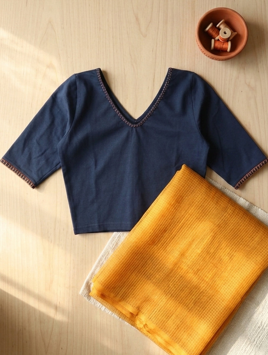 Double Blanket Stitch And Chawal Taanka Navy Blue Hand Embroidered Stretchable Blouse/Crop Top
