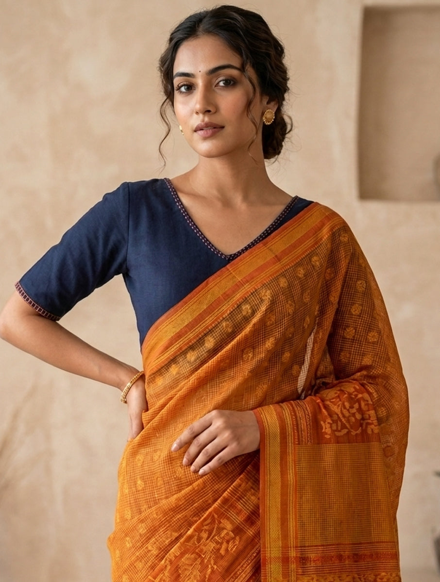 Double Blanket Stitch And Chawal Taanka Navy Blue Hand Embroidered Stretchable Blouse/Crop Top